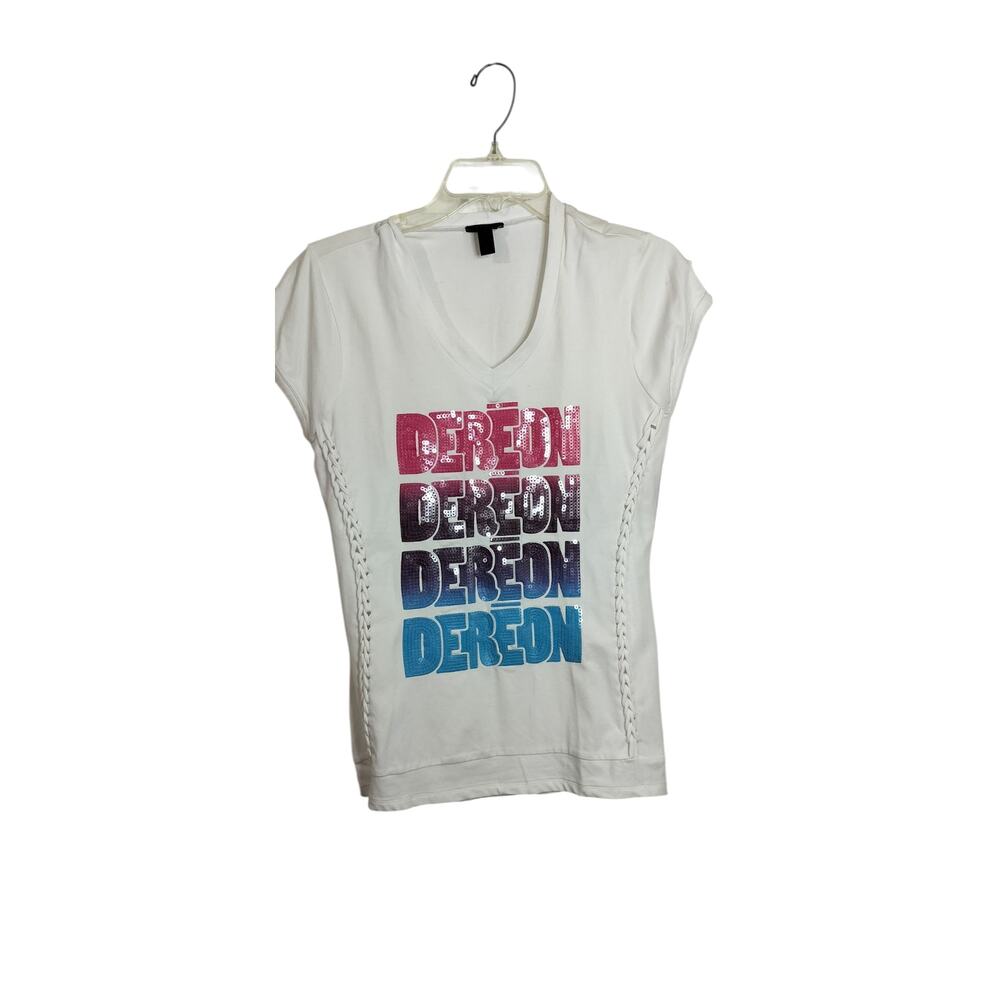 4137) Dereon Beyonce Multicolor Sequin Logo Cap Sleeve Tee Size XL